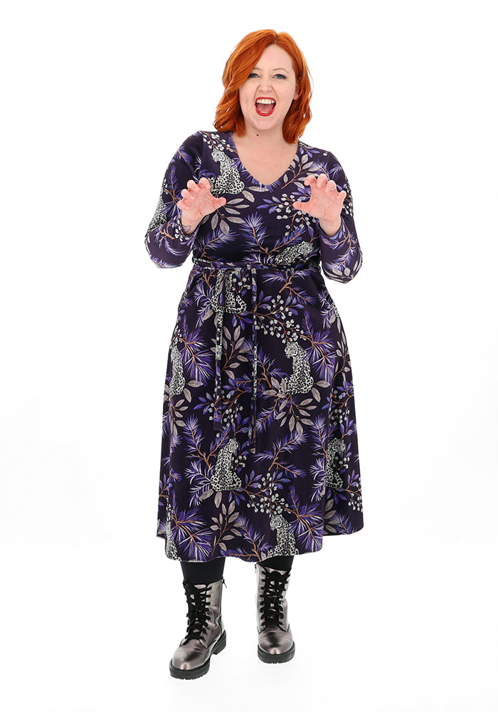 Allana Purple Snow Leopard Print Midi Dress