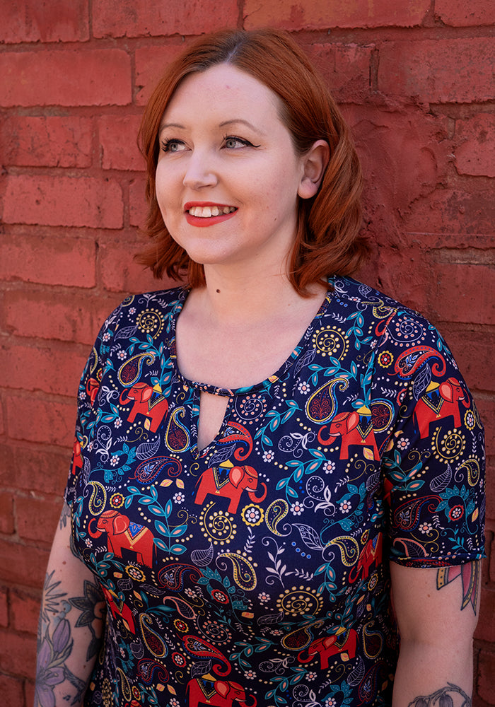 Asta Elephant Navy Paisley Print Notch Neck Top