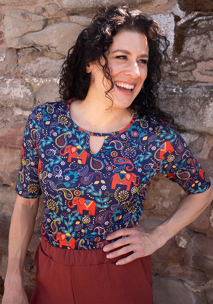 Asta Elephant Navy Paisley Print Notch Neck Top
