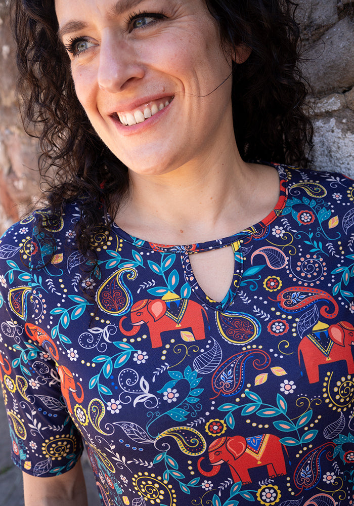 Asta Elephant Navy Paisley Print Notch Neck Top