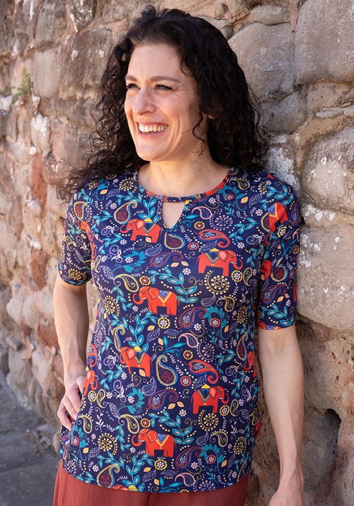 Asta Elephant Navy Paisley Print Notch Neck Top