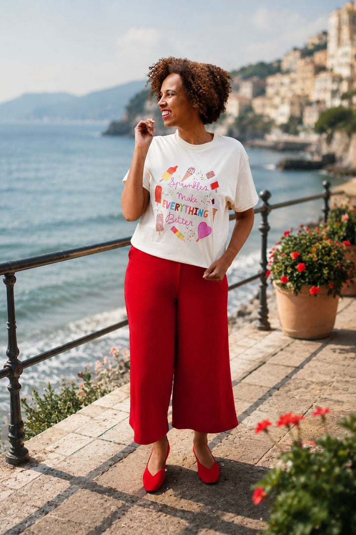 Second angle of Nami Red Crepe Culotte Trousers, nami bright red culotte trousers.