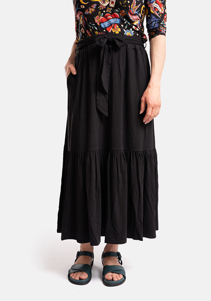 Second angle of Bina Black Tiered Hem Viscose Midi Skirt