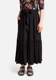 Bina Black Tiered Hem Viscose Midi Skirt