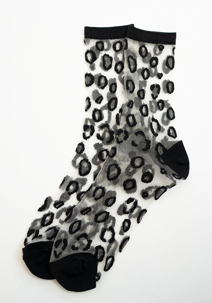 Second angle of Black Leopard Sheer Ankle Socks