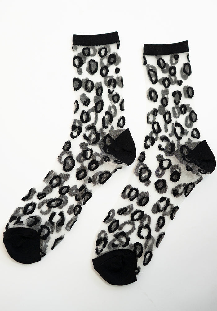 Third angle of Black Leopard Sheer Ankle Socks