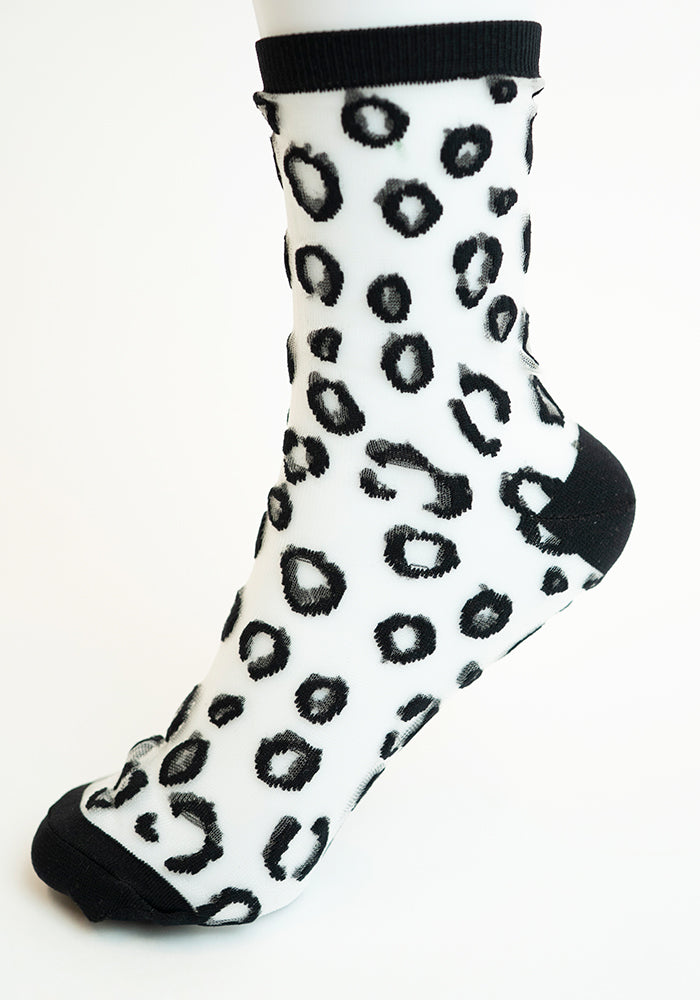 Front view of Black Leopard Sheer Ankle Socks