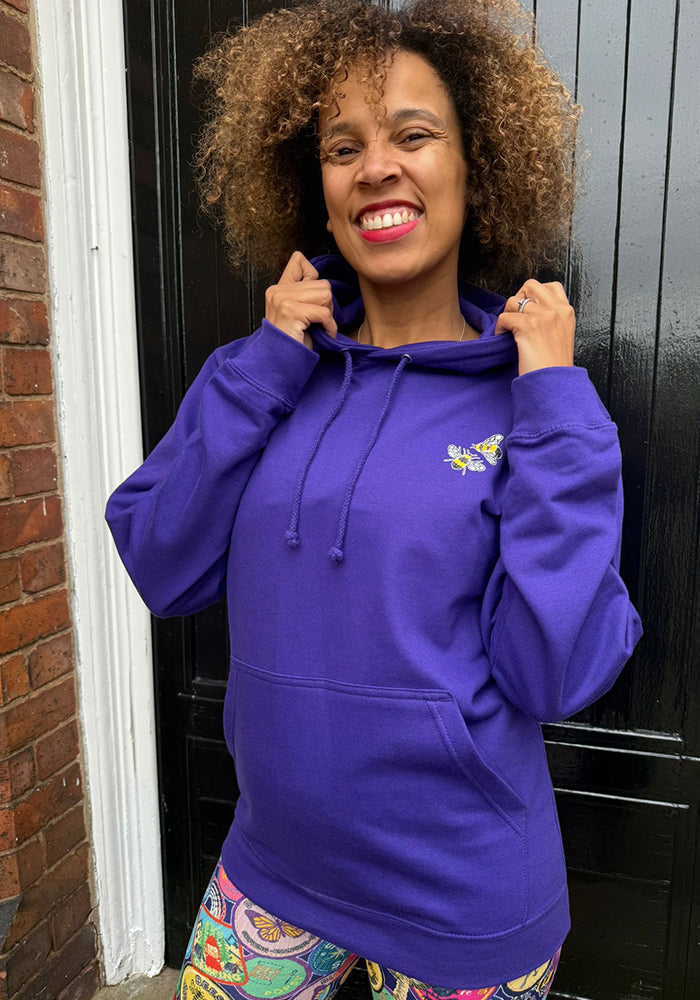 Second angle of Hooded Sweatshirt - Badge Printed Hoodie (Violet Purple)