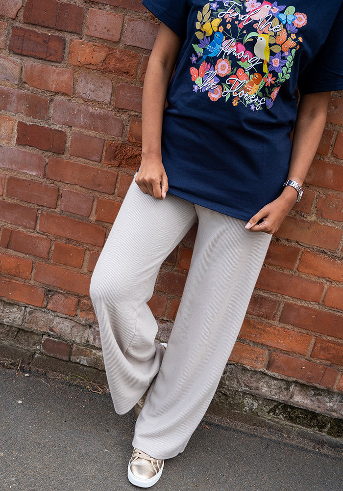 Front view of Kamila Beige Crinkle Rib Trousers
