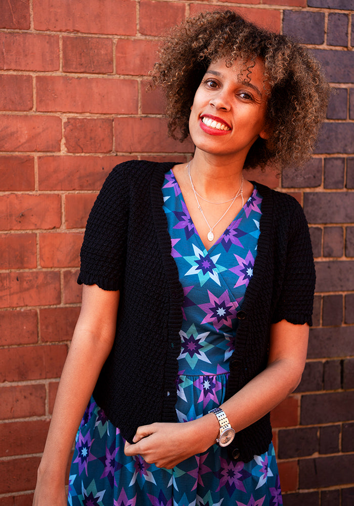 Fifth angle of Black Scallop Short Sleeve Cardigan