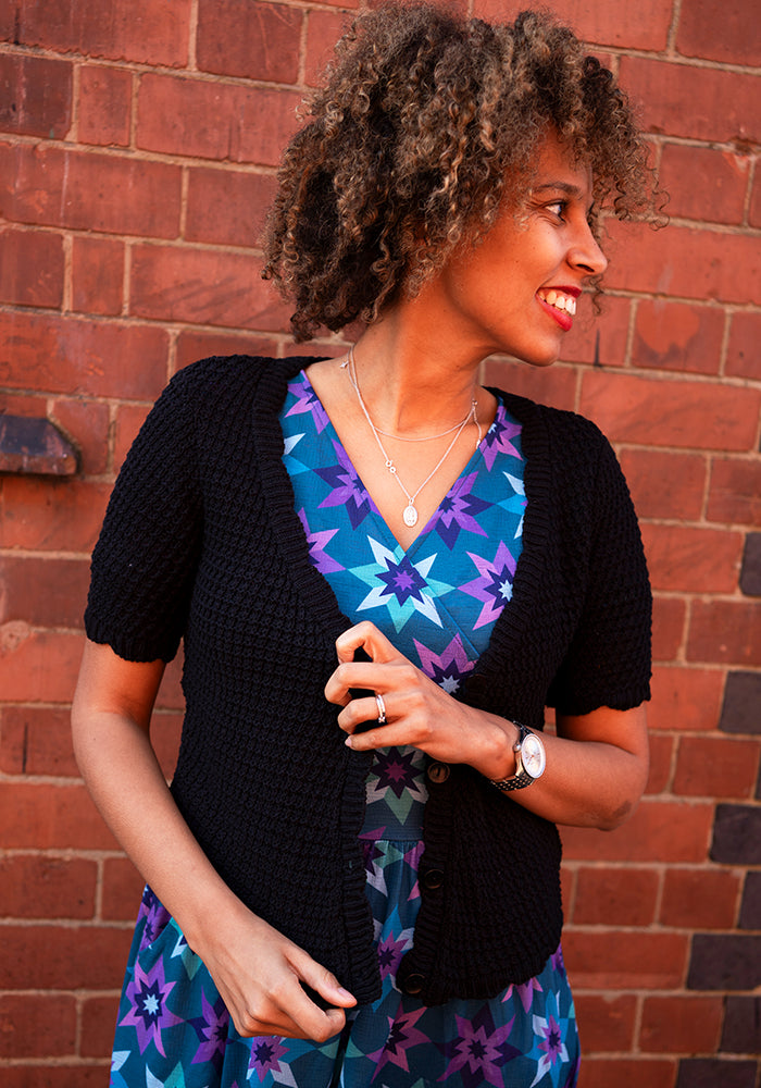 Third angle of Black Scallop Short Sleeve Cardigan