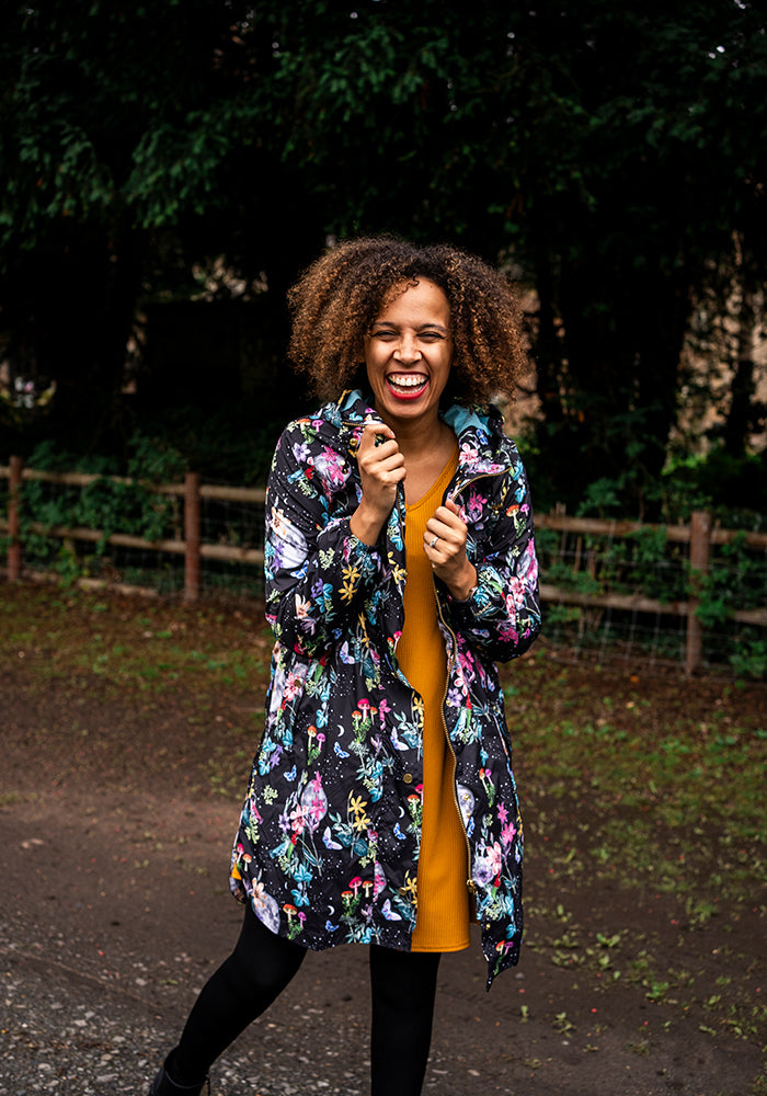 Front view of Midnight Botanical Print Popsy Coat
