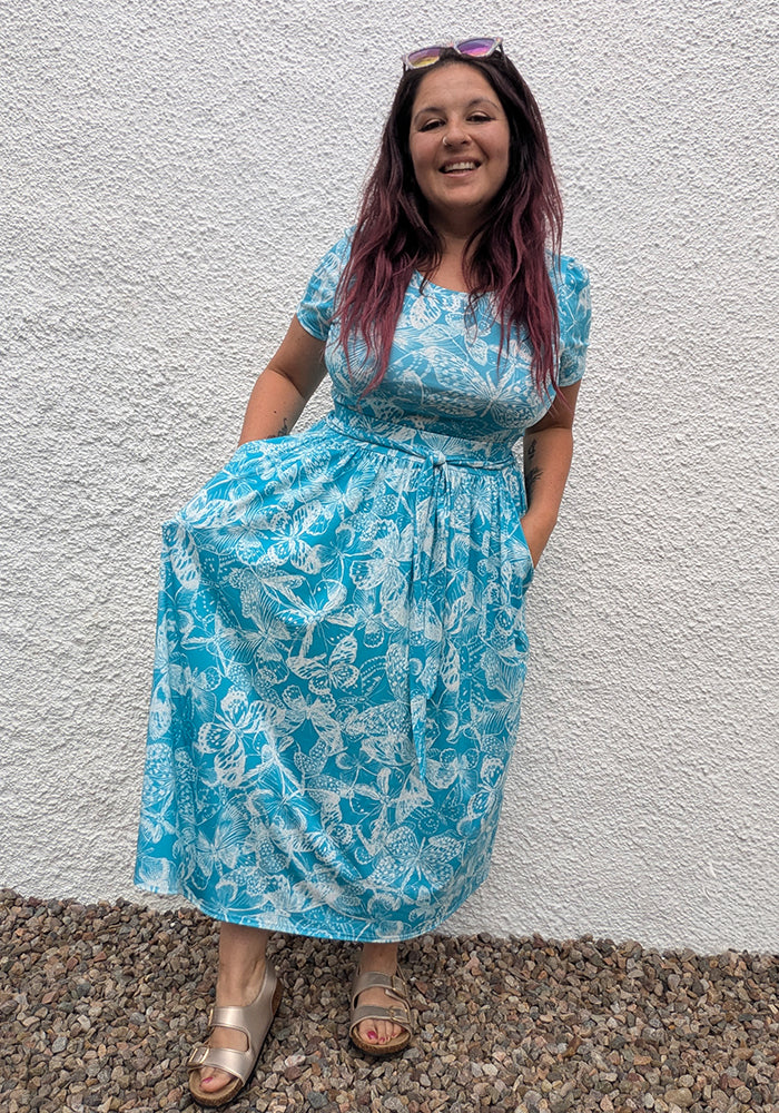 Sixth angle of Yira White Butterfly Stencil Print Midi Length Jersey Skirt
