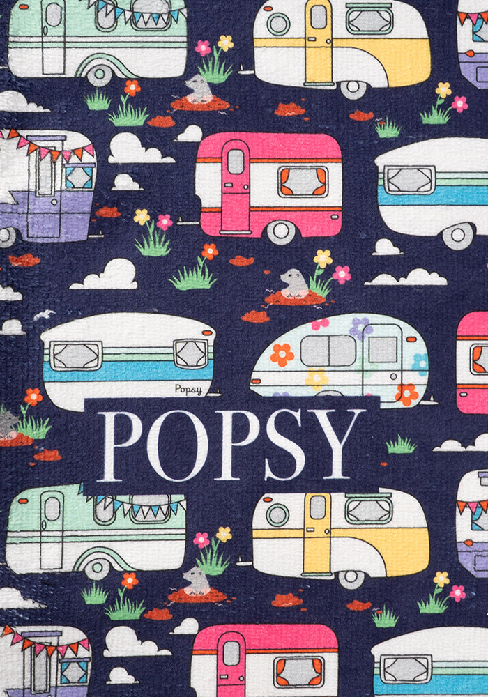 Second angle of Caravan Print Large Towel, a large towel with a retro caravan print.