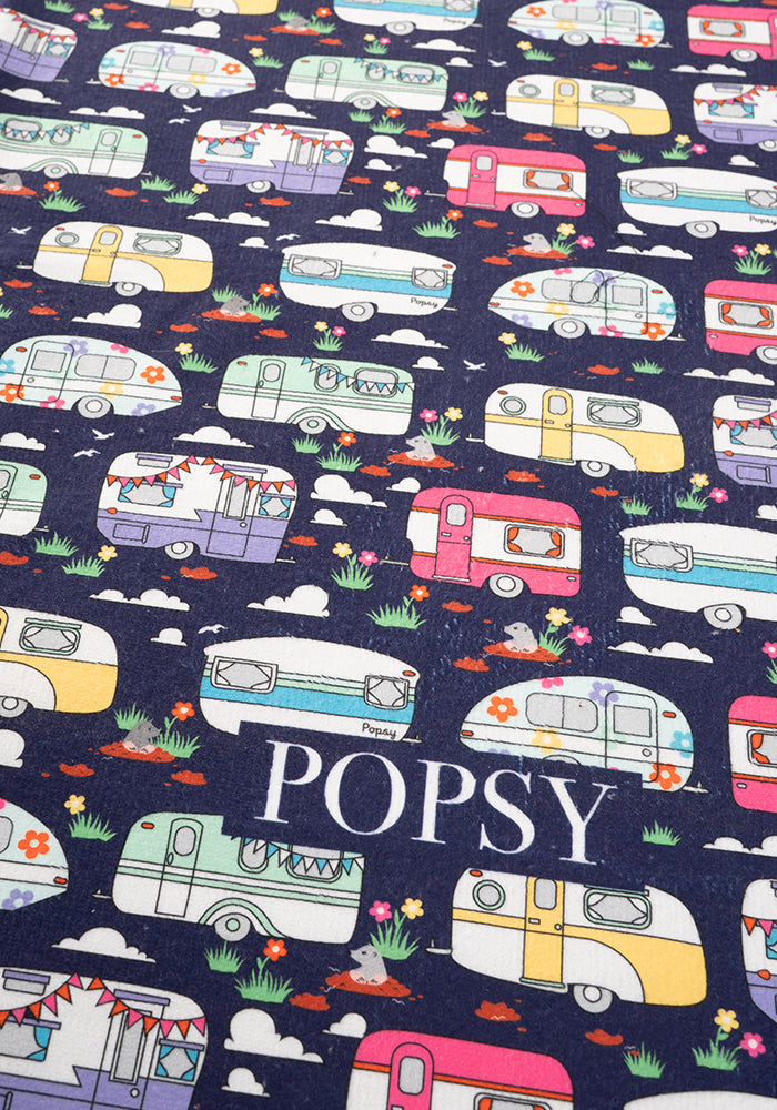 Fourth angle of Caravan Print Large Towel, a large towel with a retro caravan print.