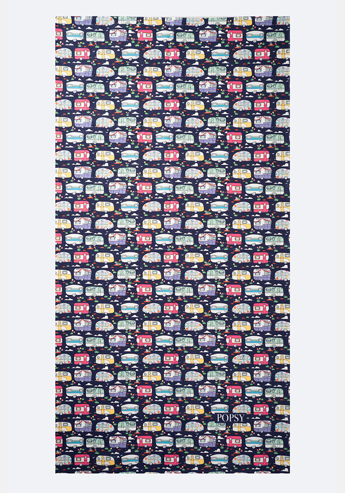 Front view of Caravan Print Large Towel, a large towel with a retro caravan print.