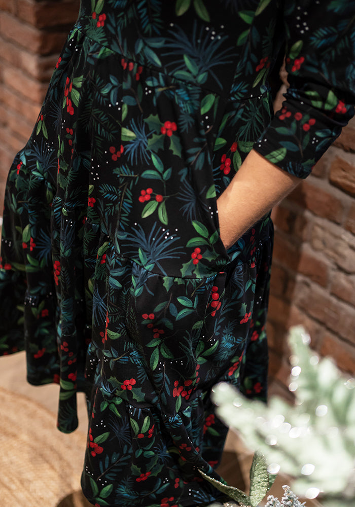 Carol Holly & Berry Print Tiered Hem Cotton Dress