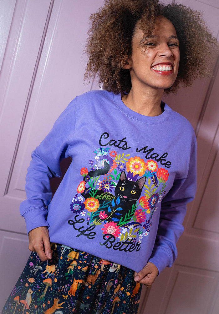 Eighth angle of Cat Print Sweatshirt (Lavender)