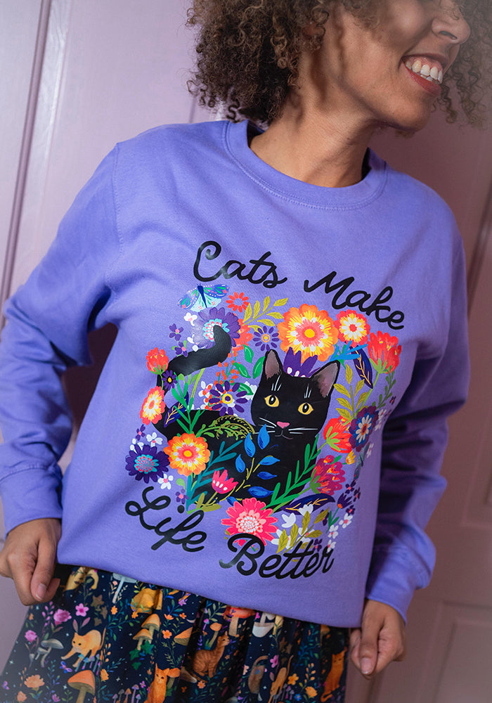 Second angle of Cat Print Sweatshirt (Lavender)