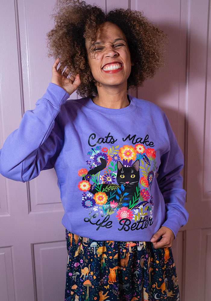 Third angle of Cat Print Sweatshirt (Lavender)