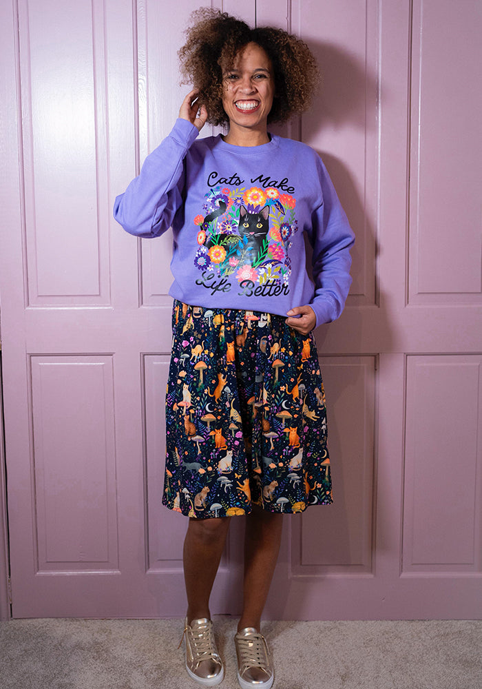 Seventh angle of Cat Print Sweatshirt (Lavender)