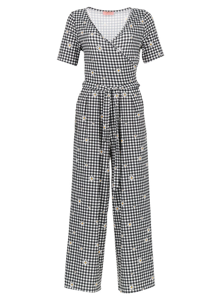 Third angle of Deidra Daisy Gingham Check Print Jersey Culotte Jumpsuit