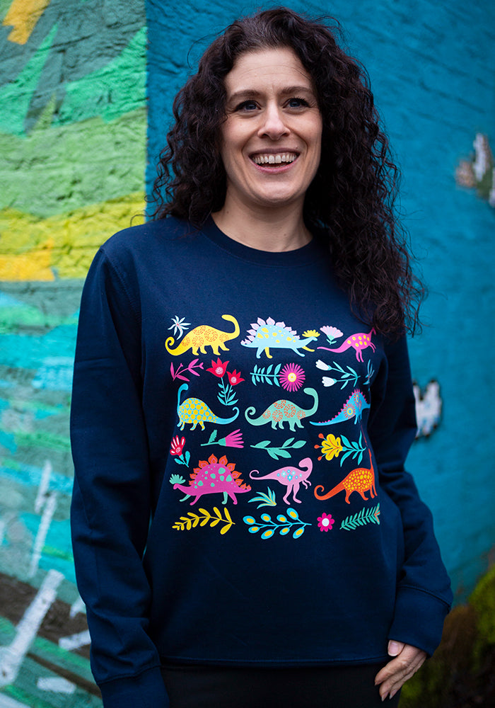 Front view of Dinosaur Print Sweatshirt (Navy)