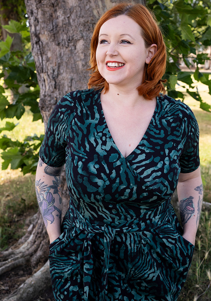 Emi Black &amp; Green Animal Print Cotton Dress