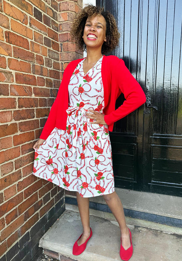 Front view of White England Print Gathered Waist Jersey Dress, a white dress with a romantic English print.