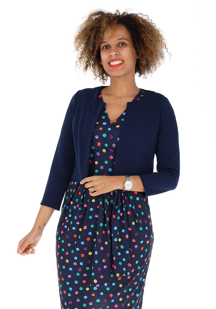 Front view of Evita Navy Textured Crepe Bolero Jacket