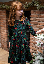 Children's Holly & Berry Print Cotton Dress (Festive)