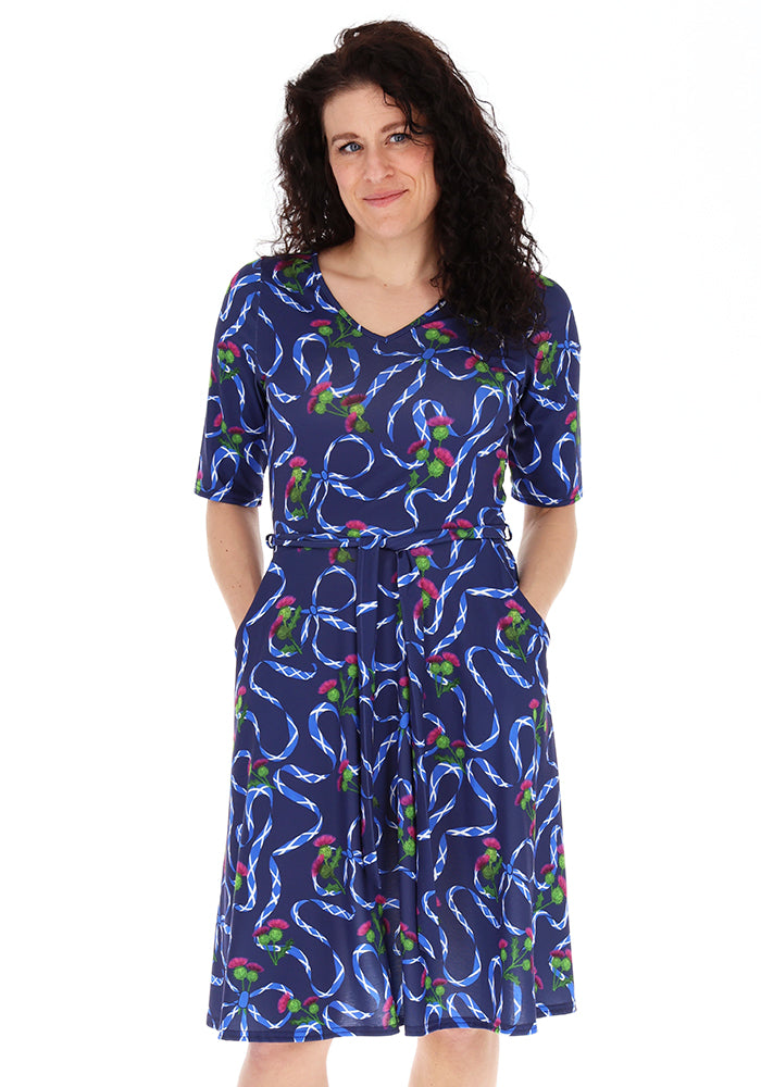 Fifth angle of Navy Scotland Print Flat Waist Jersey Dress