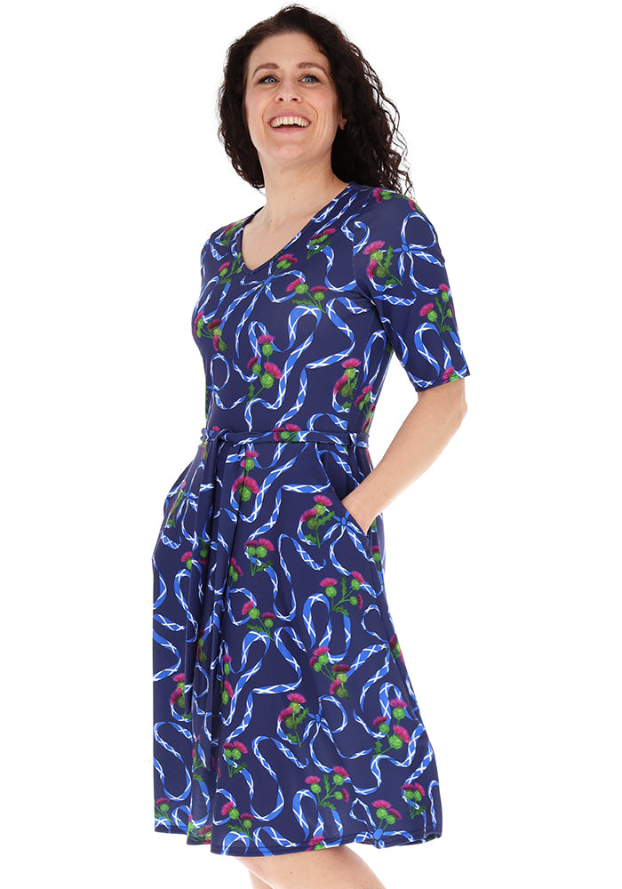 Third angle of Navy Scotland Print Flat Waist Jersey Dress