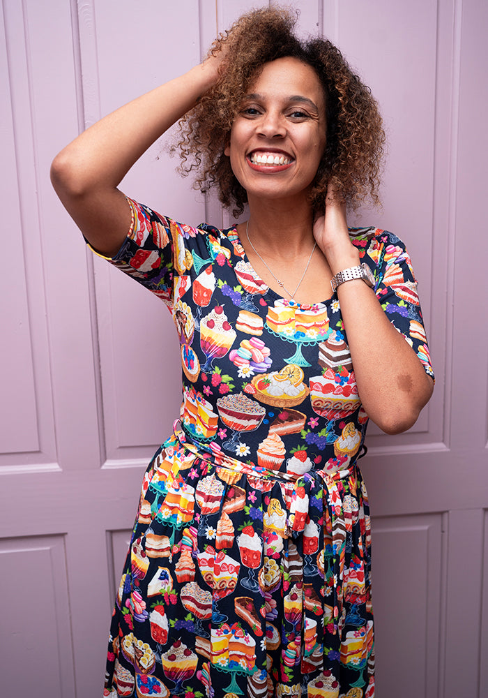 Fourth angle of Gale Cakes &amp; Deserts Print Dress, our jersey is a smooth, stretchy fabric known for its comfort and ease.