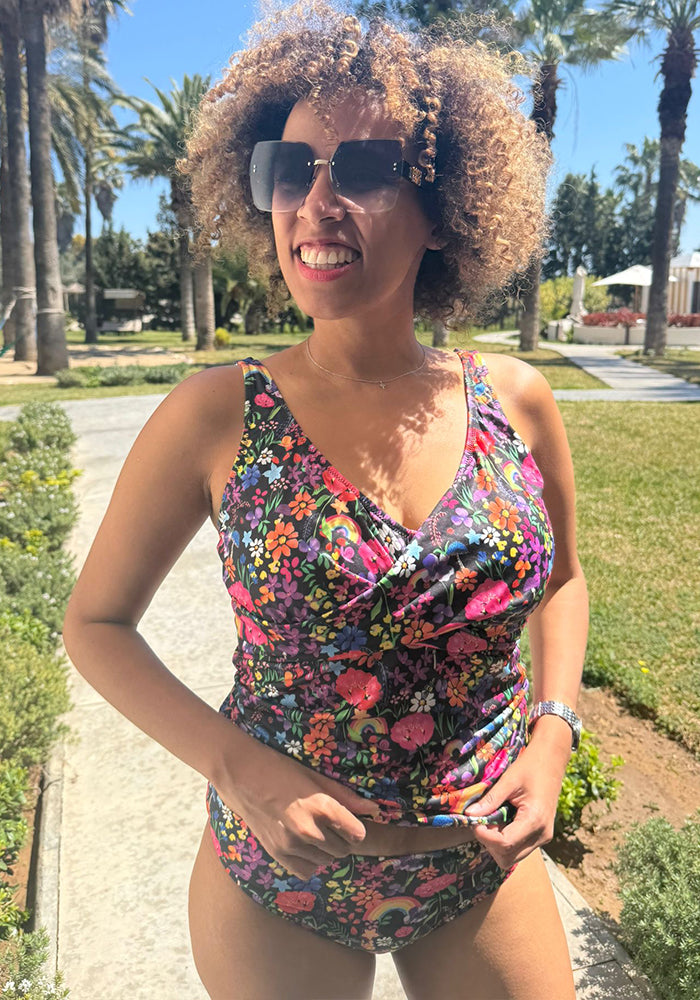 Front view of Garden Rainbow Tankini Top