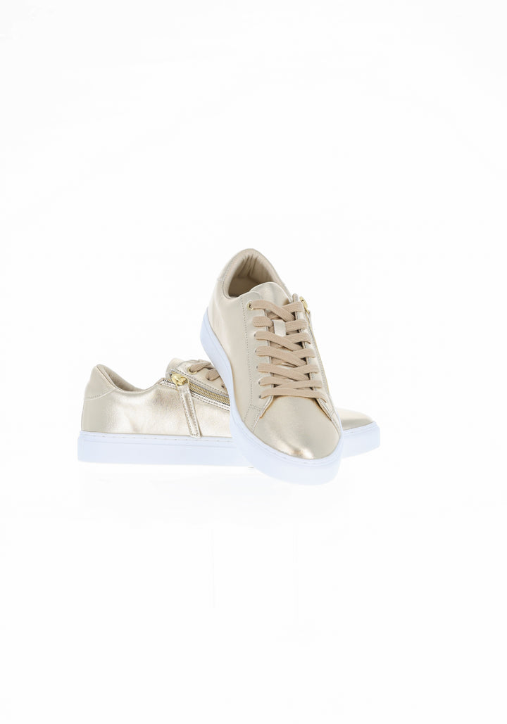 Front view of Gold Zip Trainers