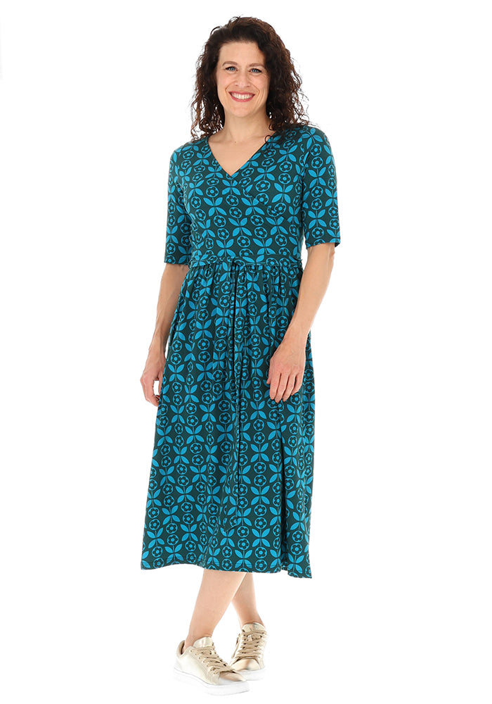 Hanah Blue Retro Flower Print Cotton Midi Dress