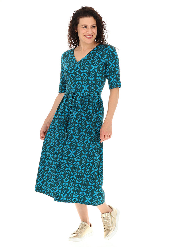 Hanah Blue Retro Flower Print Cotton Midi Dress