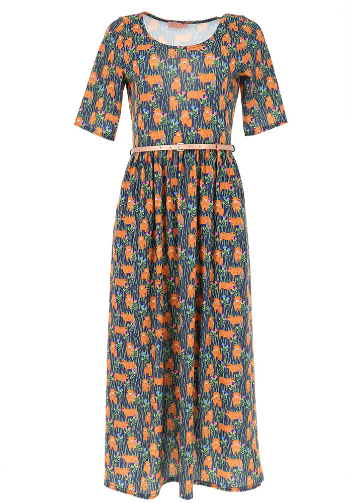 Fourth angle of Berkleigh Highland Cow Print Jersey Midaxi Dress