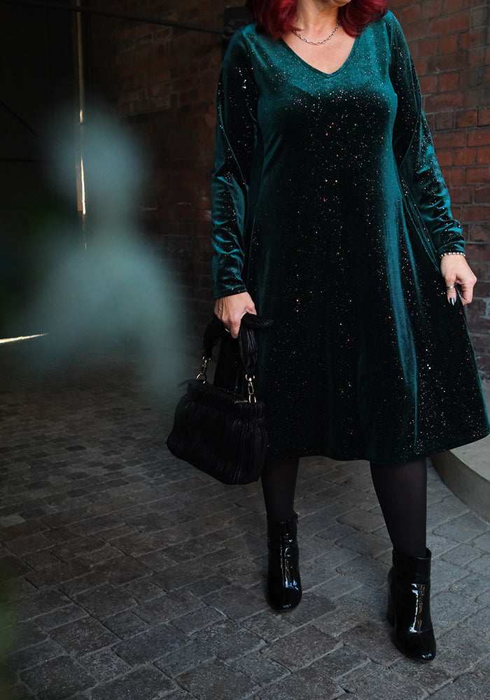 Hollyanne Bottle Green &amp; Multicoloured Sparkle Velvet Trapeze Dress
