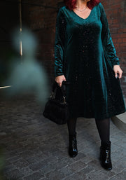 Hollyanne Bottle Green & Multicoloured Sparkle Velvet Trapeze Dress