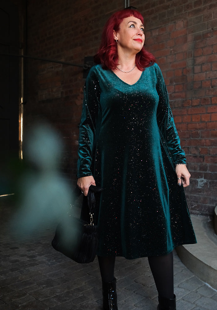 Hollyanne Bottle Green &amp; Multicoloured Sparkle Velvet Trapeze Dress