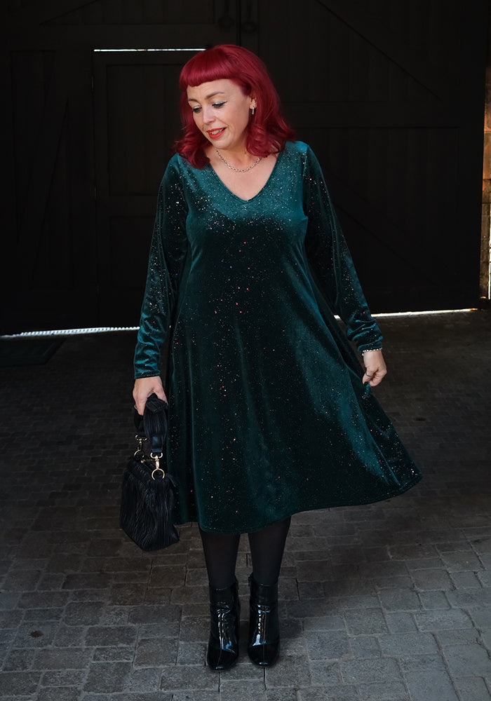 Hollyanne Bottle Green &amp; Multicoloured Sparkle Velvet Trapeze Dress
