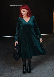 Hollyanne Bottle Green & Multicoloured Sparkle Velvet Trapeze Dress