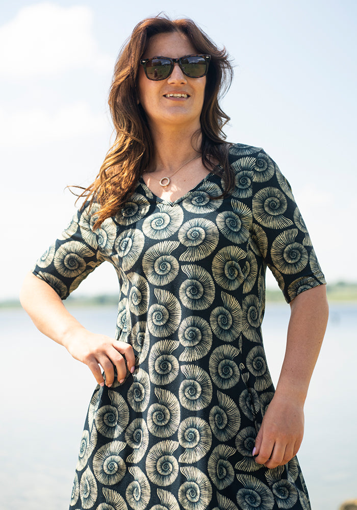 Eighth angle of Jones Fossil Print Cotton Trapeze Dress