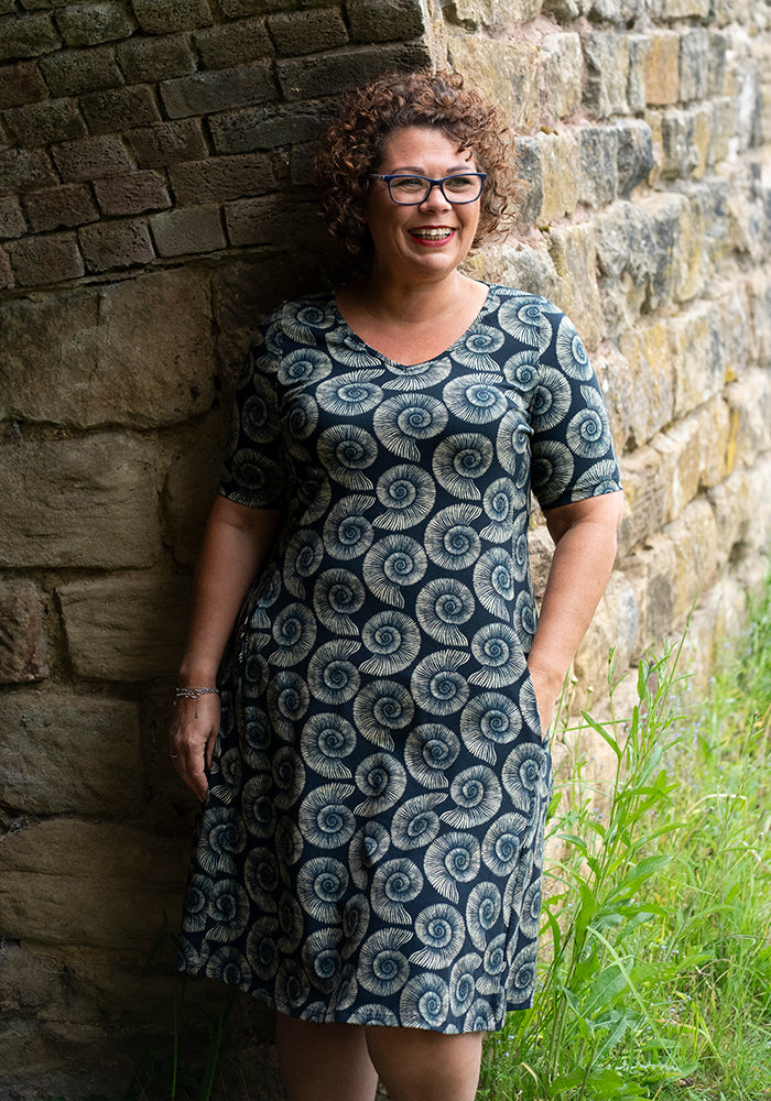 Front view of Jones Fossil Print Cotton Trapeze Dress