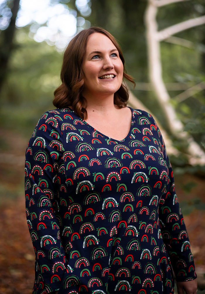 Jolly Candy Cane Rainbows Print Cotton Dress