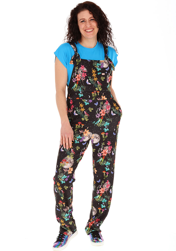 Front view of Jordan Black Botanical Moon Print Dungaree