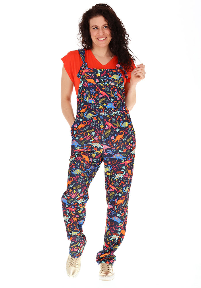 Front view of Jordan Dinosaur Print Textured Crepe Dungaree