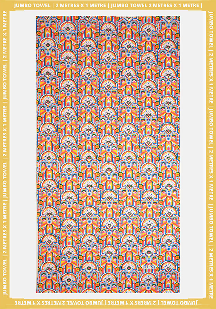 Front view of Hand Painted Art Deco Print Jumbo Bath Sheet